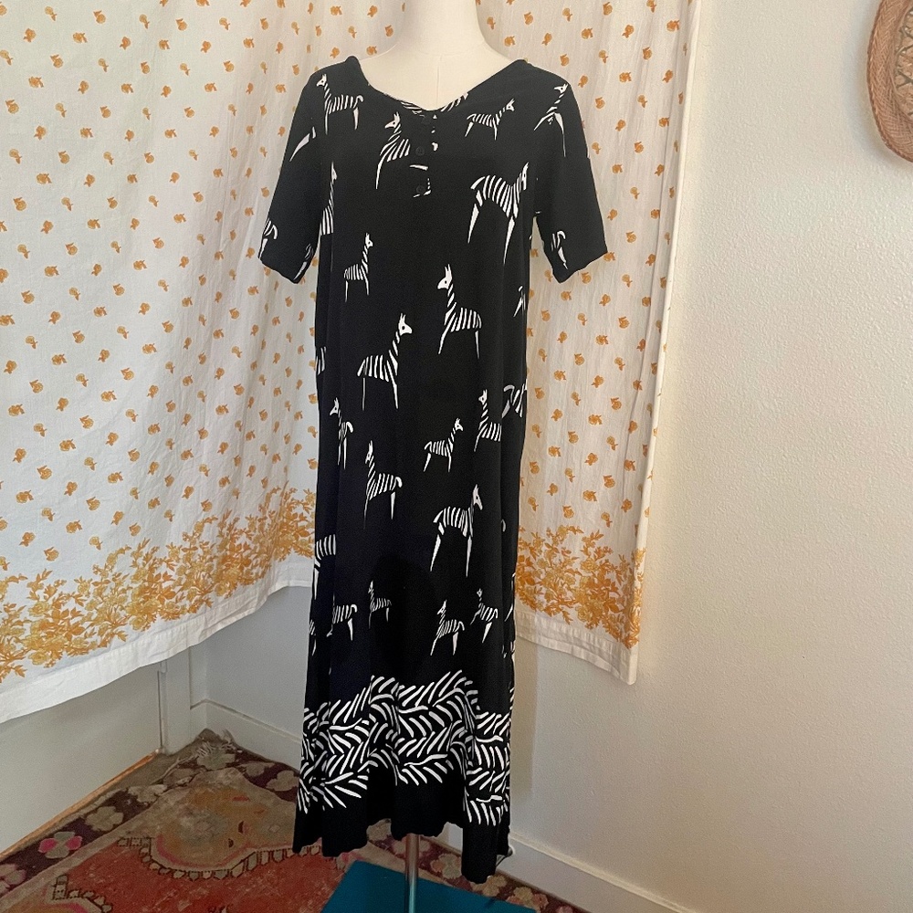 Vintage MTB “Meant To Be” Zebra Print Midi Dress – Black & White Rayon Safari An